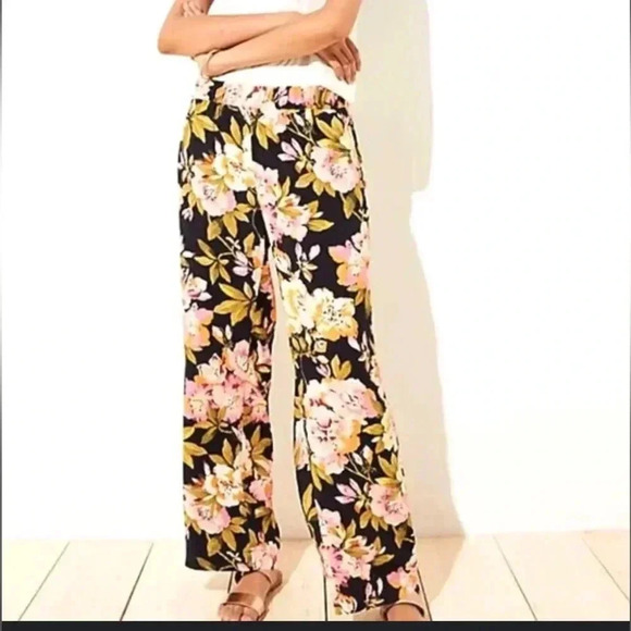 LOFT Multicolor Floral Wide Leg Pull On Pants Size L - Picture 1 of 8